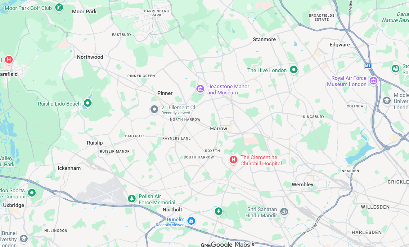 Map showing KPG Estate Agents coverage across North West London including Harrow, Wembley, Pinner, Ruislip, Stanmore, Edgware, Northwood and surrounding areas